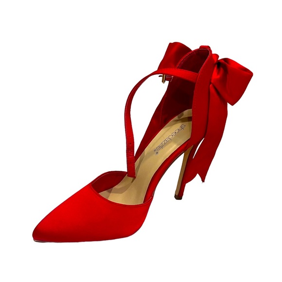 Red satin ankle strap stiletto with bow, size US 6.5 - Picture 2 of 2